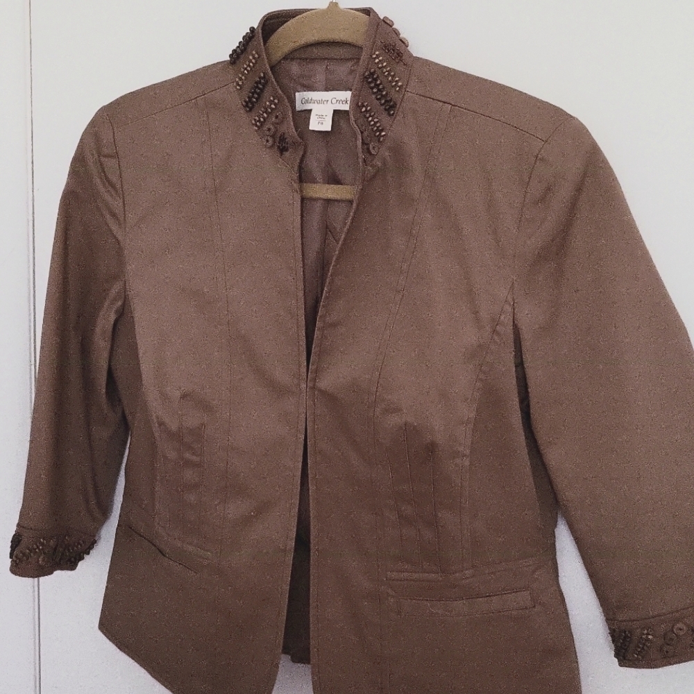 Coldwater Creek Jacket.Taupe/Brown w/accent beading. P8, 3/4 Sleeve. Like New.